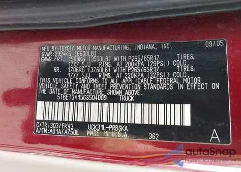 2006 Toyota Tundra Sr5 V8 z USA, uszkodzony, nr VIN 5TBET34156S504009